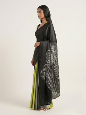 Black printed satin saree with blouse piece 2