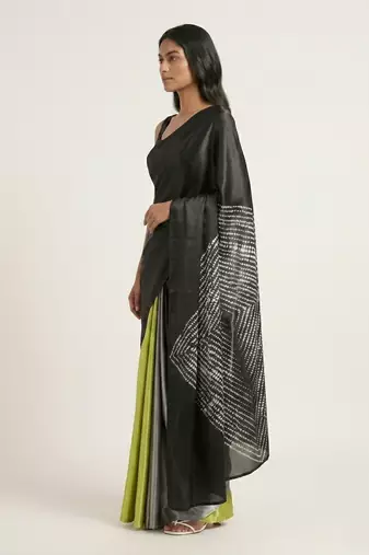 Black printed satin saree with blouse piece