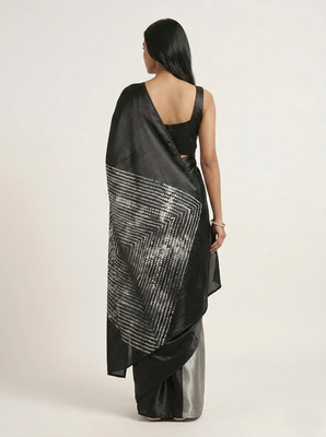 Black printed satin saree with blouse piece 3
