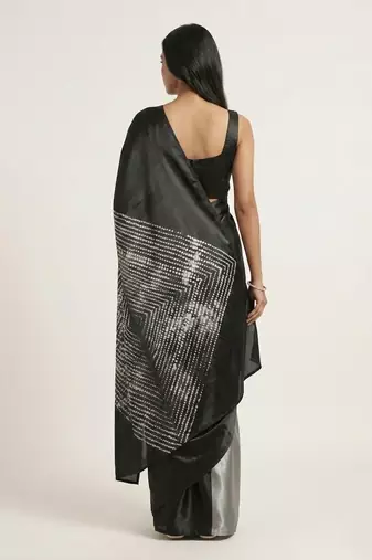 Black printed satin saree with blouse piece