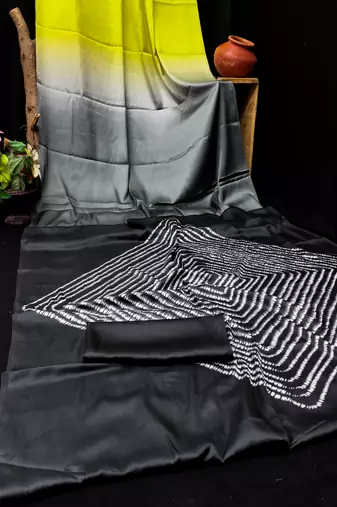Black printed satin saree with blouse piece