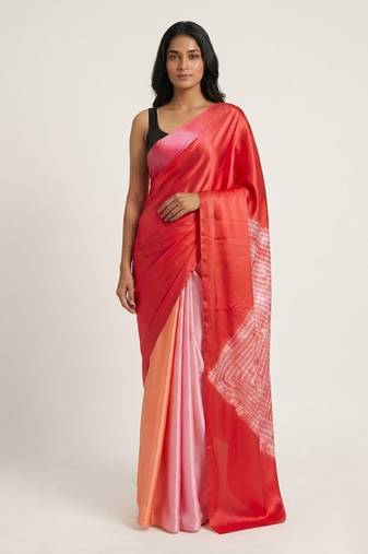 Red printed satin saree with blouse piece