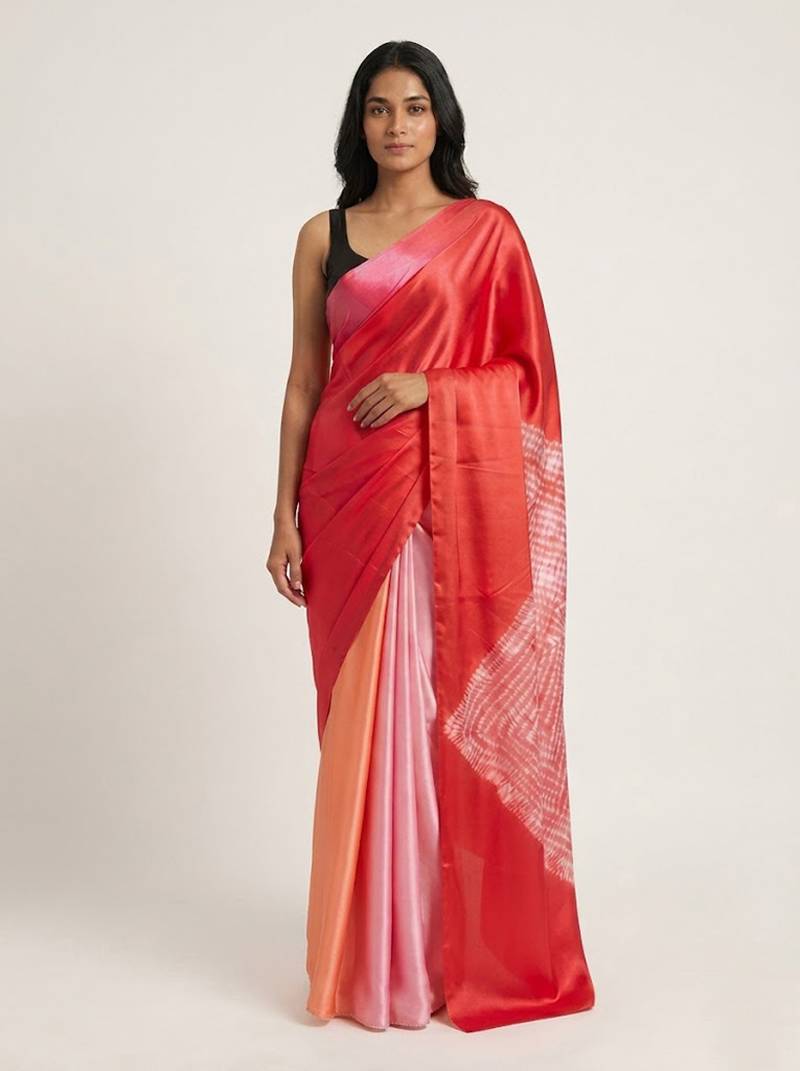 Red printed satin saree with blouse piece
