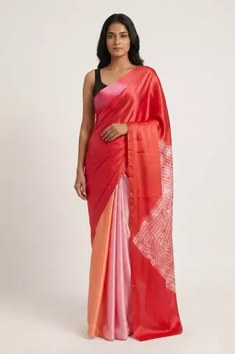 Red printed satin saree with blouse piece