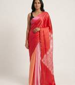 Red printed satin saree with blouse piece