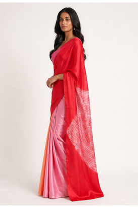 Red printed satin saree with blouse piece 3