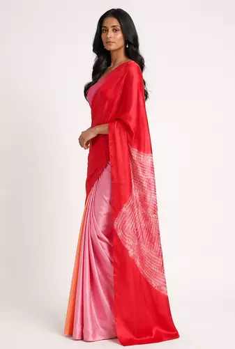 Red printed satin saree with blouse piece