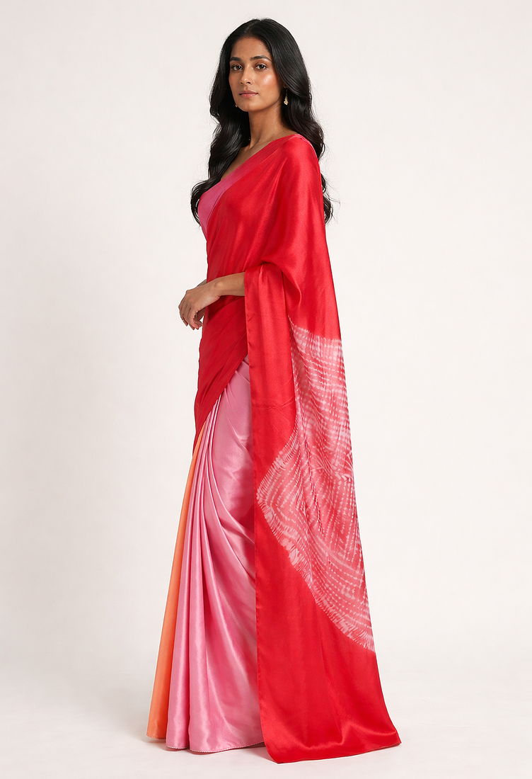 Red printed satin saree with blouse piece