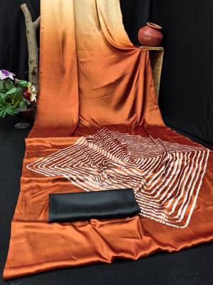 Rust printed satin saree with blouse piece 3