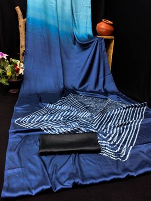 Blue printed satin saree with blouse piece 2
