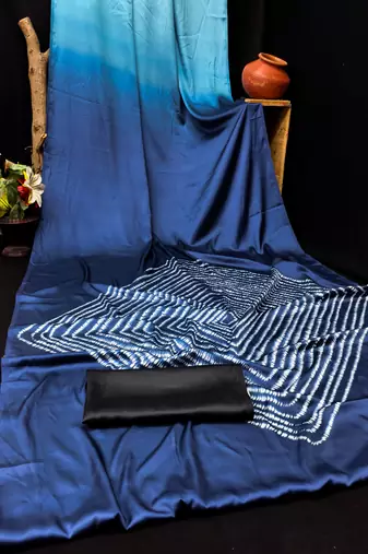 Blue printed satin saree with blouse piece