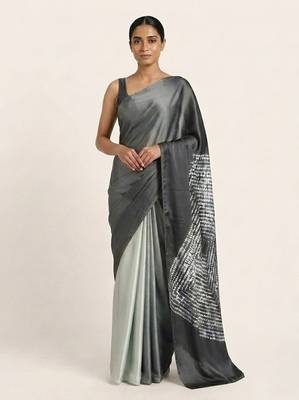 Grey printed satin saree with blouse piece 2