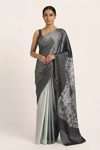 Grey printed satin saree with blouse piece