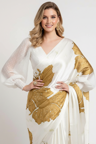 Mustard printed satin saree with blouse piece