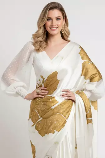 Mustard printed satin saree with blouse piece