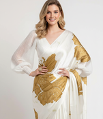 Mustard printed satin saree with blouse piece