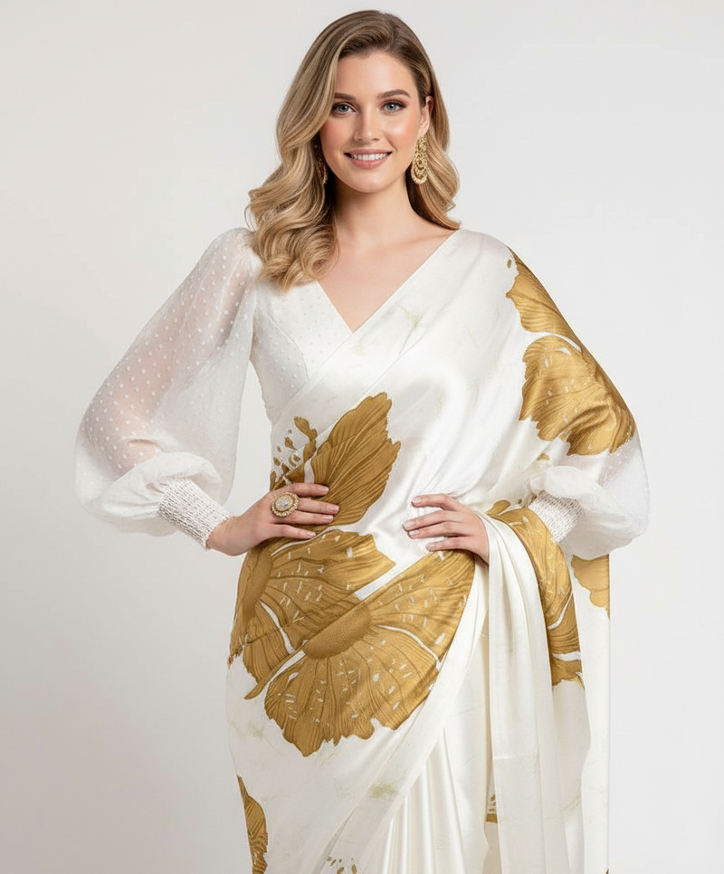 Mustard printed satin saree with blouse piece