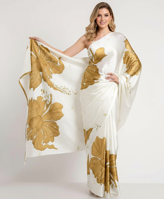 Mustard printed satin saree with blouse piece 2