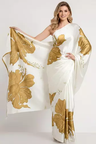 Mustard printed satin saree with blouse piece