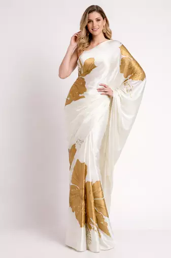 Mustard printed satin saree with blouse piece