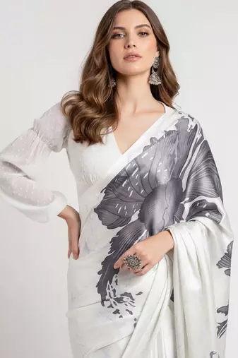 Grey printed satin saree with blouse piece