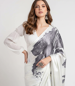 Grey printed satin saree with blouse piece