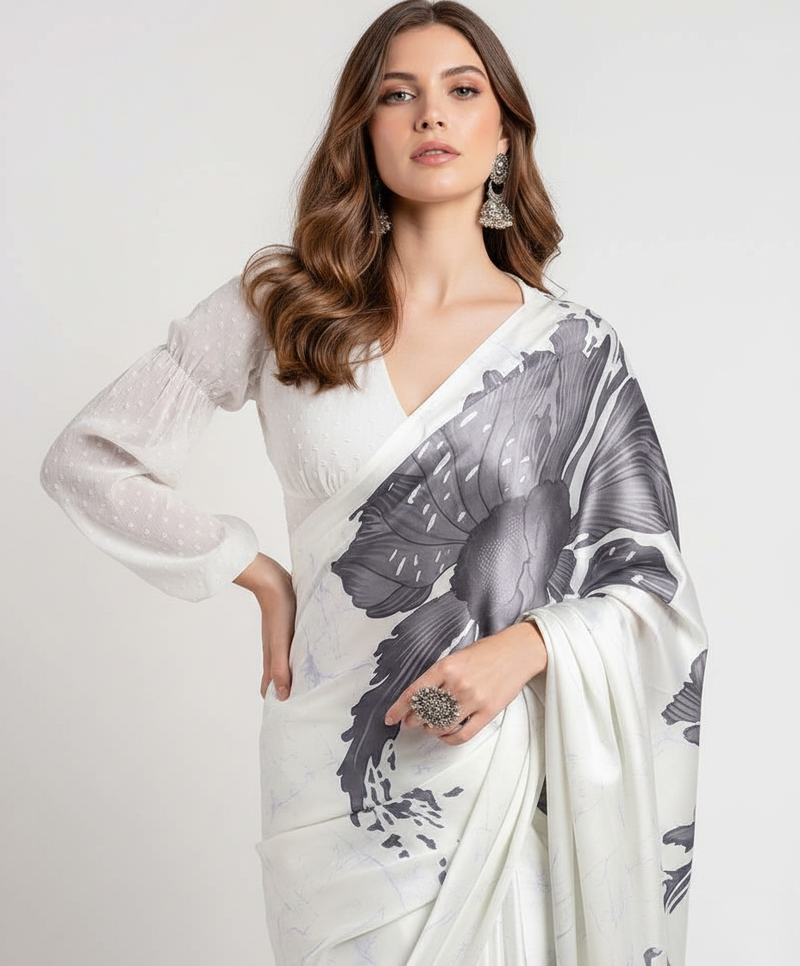 Grey printed satin saree with blouse piece