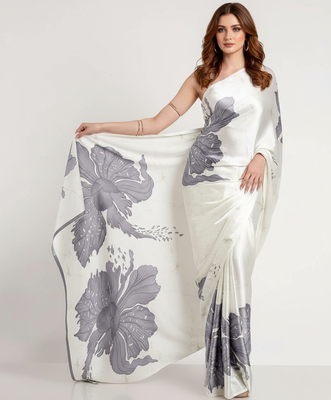 Grey printed satin saree with blouse piece 2