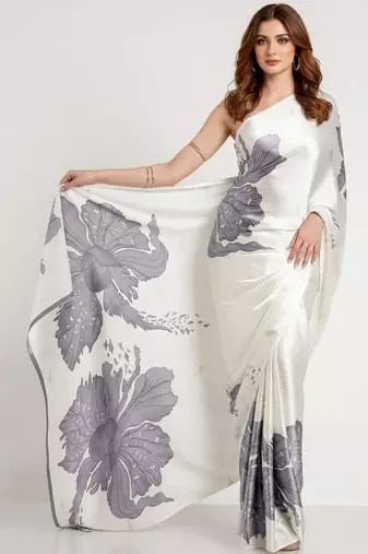 Grey printed satin saree with blouse piece