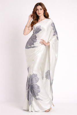 Grey printed satin saree with blouse piece 3