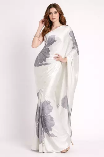 Grey printed satin saree with blouse piece