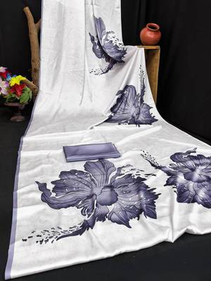 Grey printed satin saree with blouse piece 4
