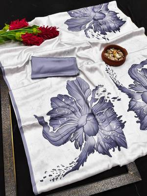 Grey printed satin saree with blouse piece 5