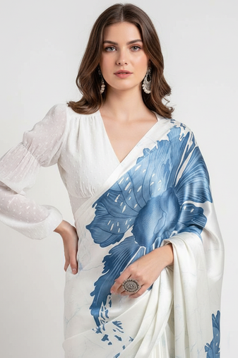 Blue printed satin saree with blouse piece