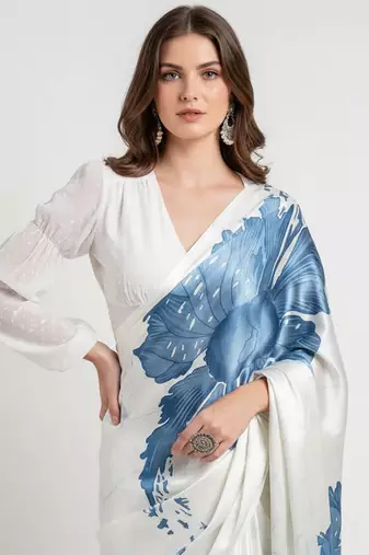 Blue printed satin saree with blouse piece
