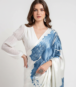 Blue printed satin saree with blouse piece