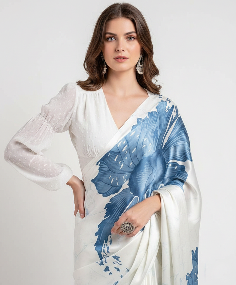 Blue printed satin saree with blouse piece
