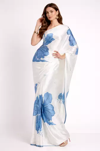 Blue printed satin saree with blouse piece