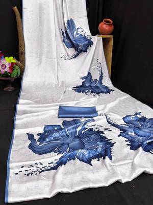 Blue printed satin saree with blouse piece 3