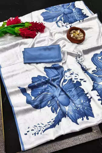 Blue printed satin saree with blouse piece