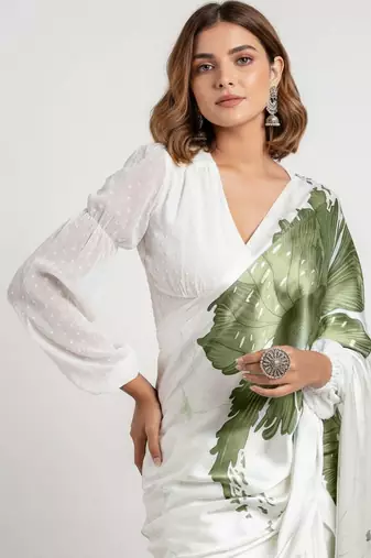 Green printed satin saree with blouse piece