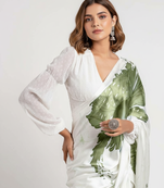 Green printed satin saree with blouse piece