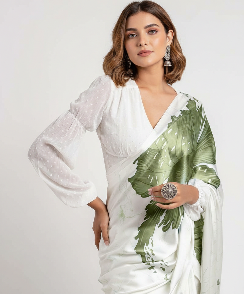 Green printed satin saree with blouse piece