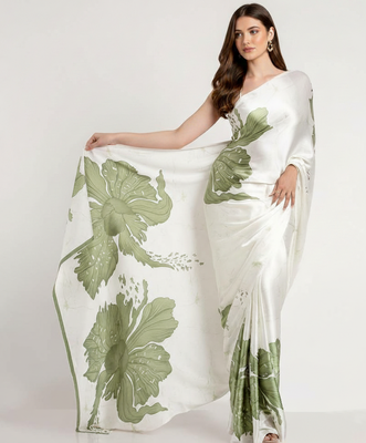 Green printed satin saree with blouse piece 2