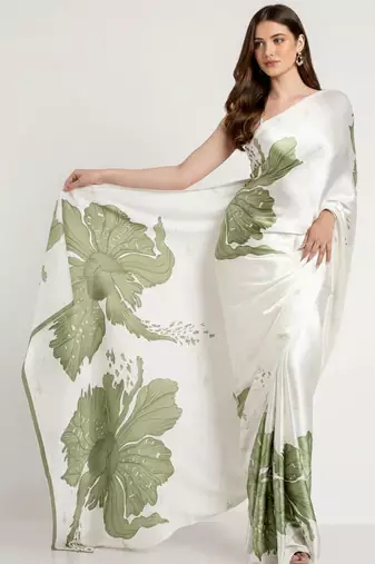 Green printed satin saree with blouse piece