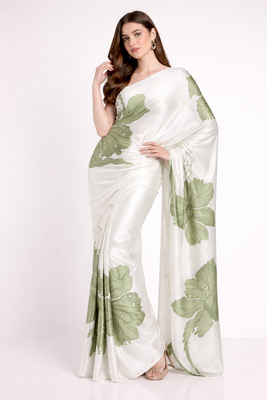 Green printed satin saree with blouse piece 3