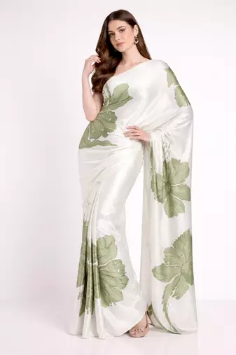 Green printed satin saree with blouse piece