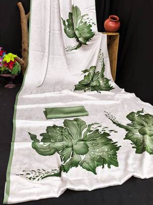 Green printed satin saree with blouse piece 4