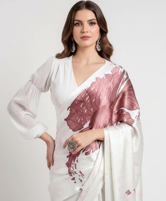 Mauve printed satin saree with blouse piece 1