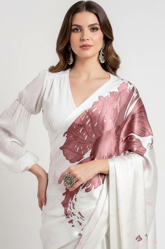 Mauve printed satin saree with blouse piece